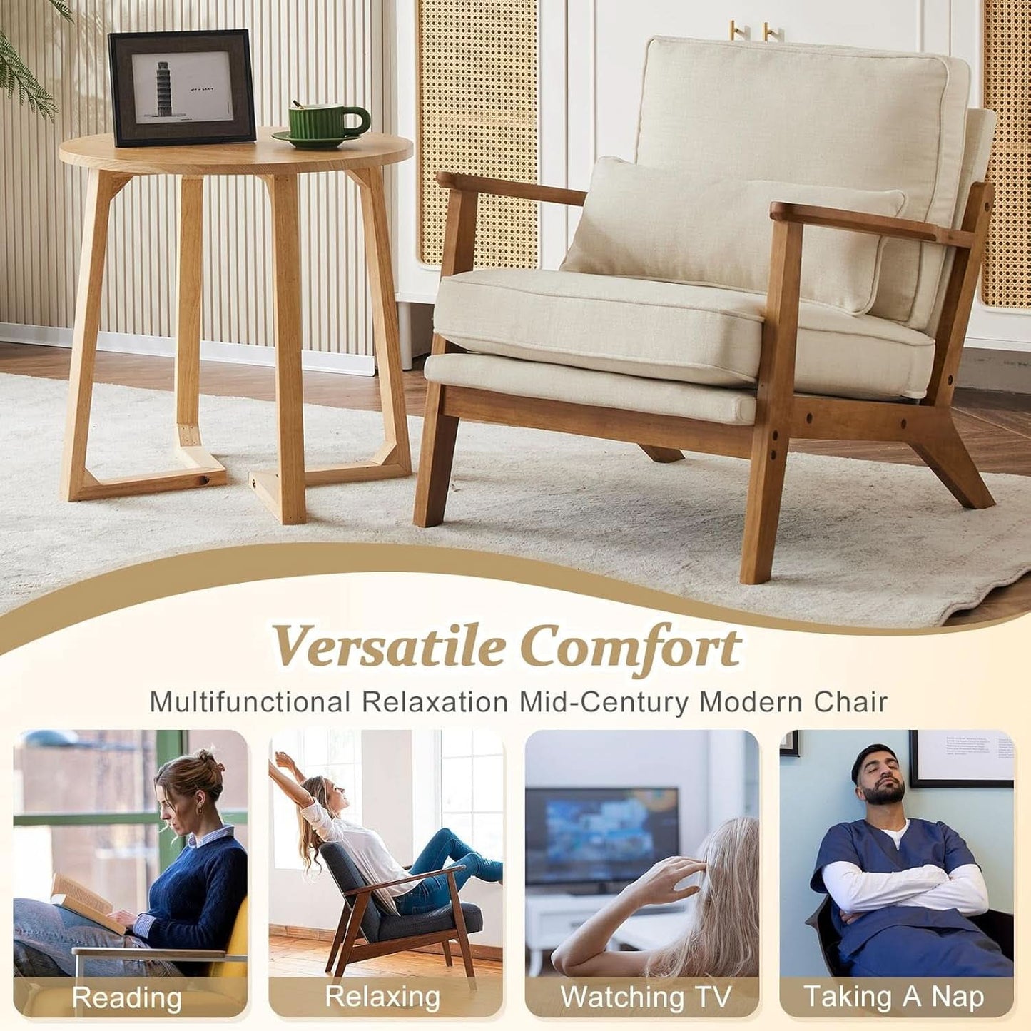 Beige Linen Upholstered Accent Chair Wide Armrests