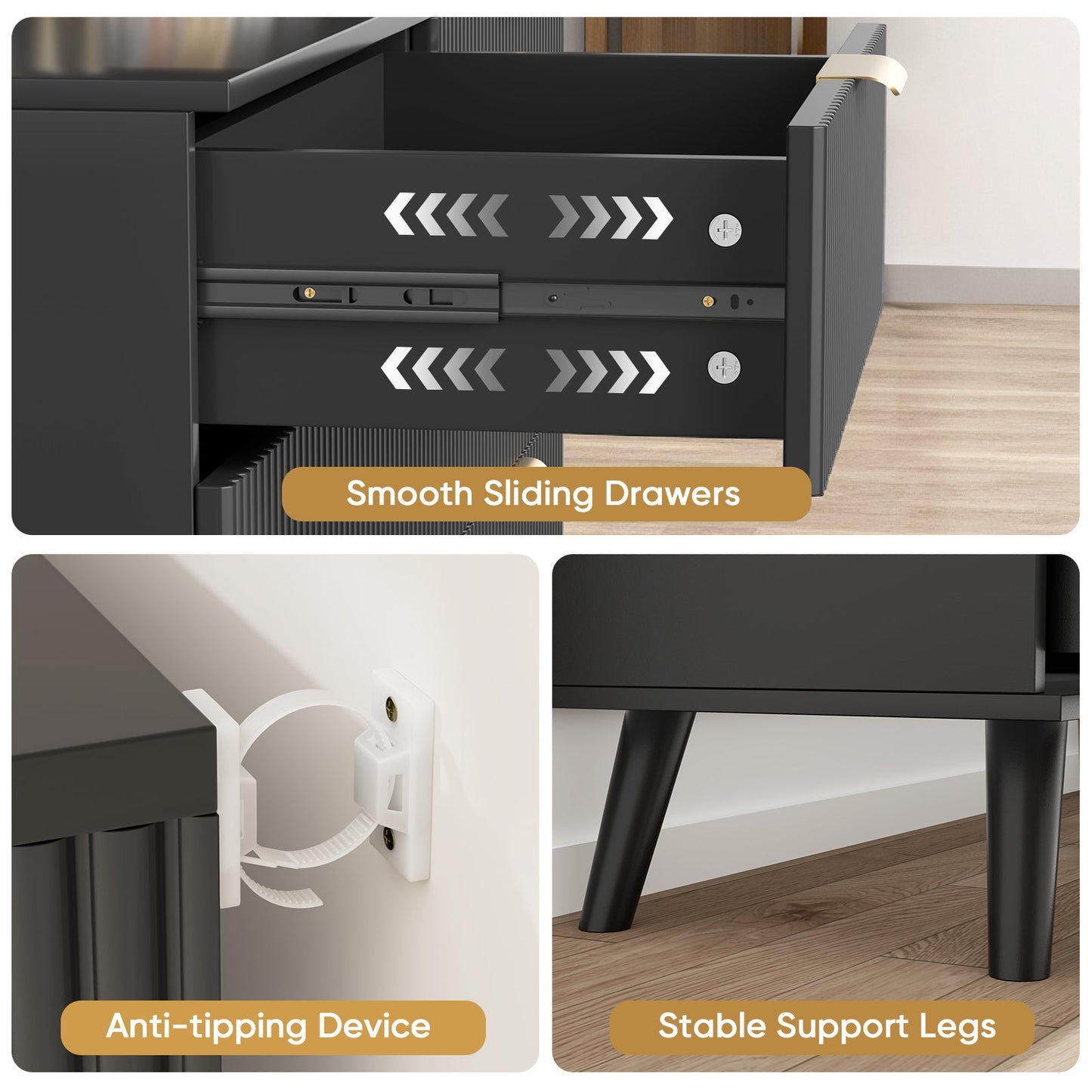 Dresser Boho 8-Drawer Black Particle Board Fluted Wave Relief 47.2x35.4 In
