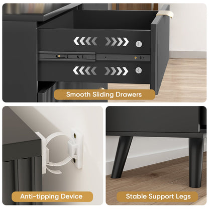 Dresser Boho 8-Drawer Black Particle Board Fluted Wave Relief 47.2x35.4 In