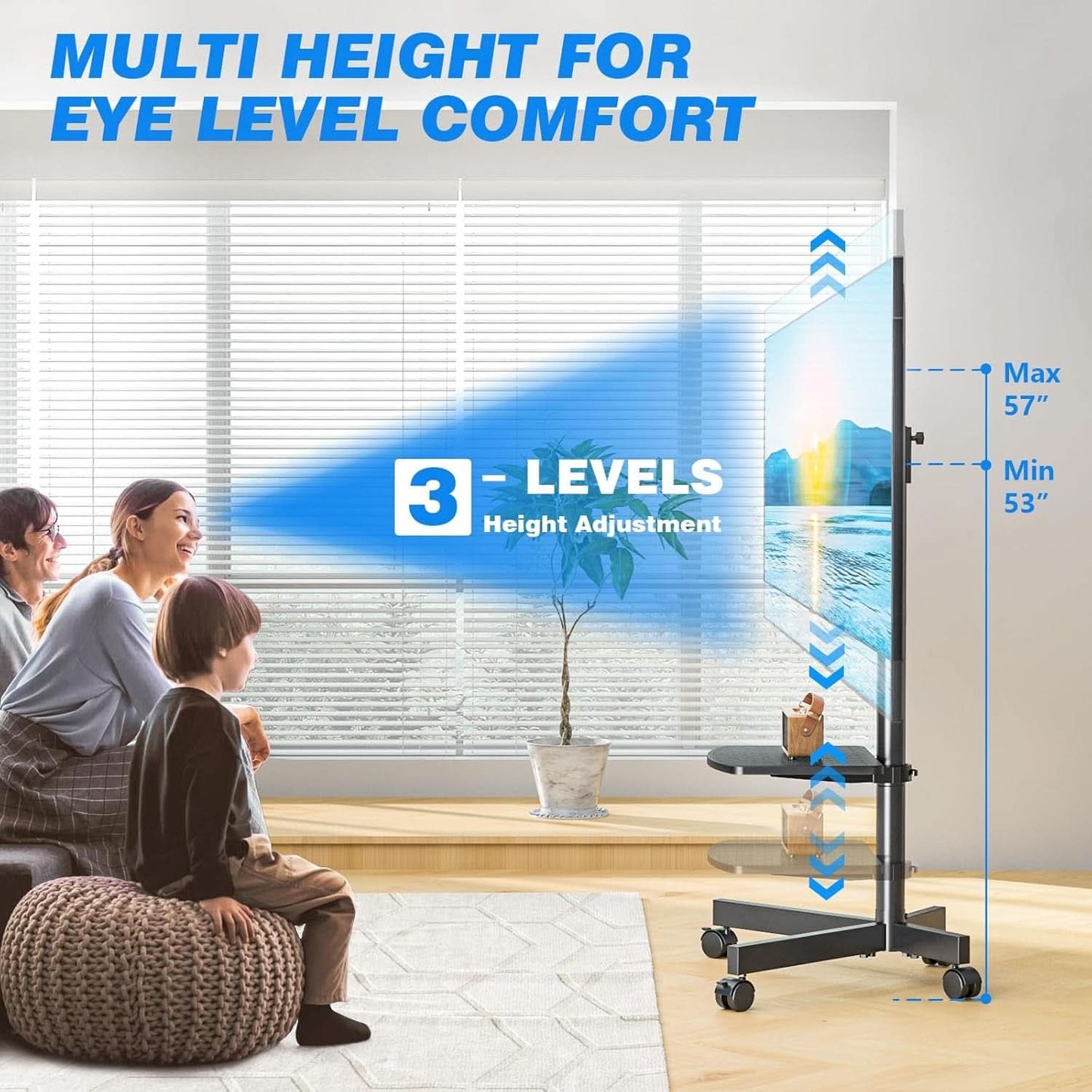 Mobile TV Stand Adjustable Height For 23 To 60 Inch TVs