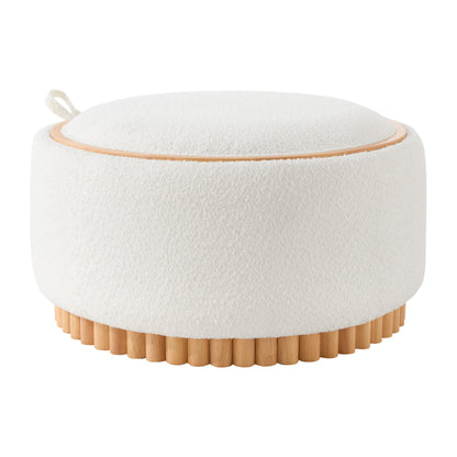 29' Round Storage Ottoman with Solid Wood Legs, Boucle Fabric, No Assembly