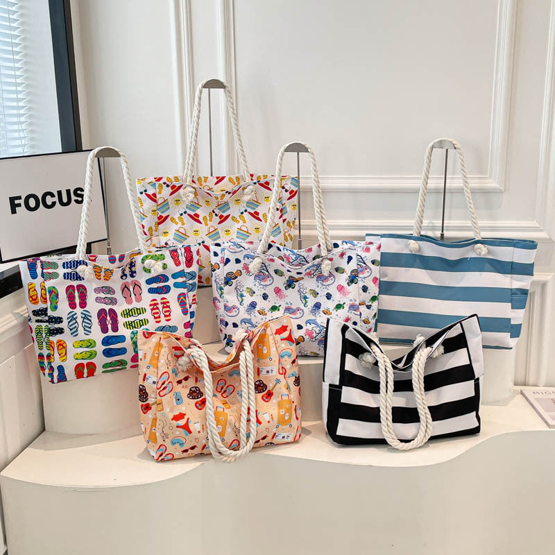 Womens Large-Capacity Striped Beach Tote Bag