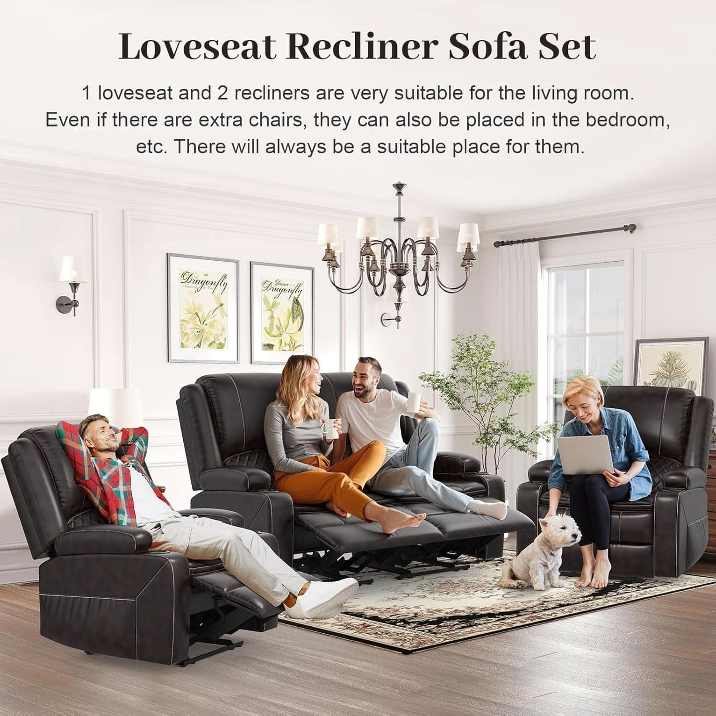 Grey Leather Reclining Loveseat Set With Console And Chairs