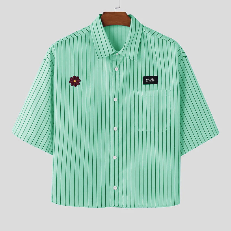 Loose-fitting Cropped Mens Striped Short-sleeve Shirt