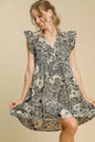 Umgee Full Size Printed Ruffle Cap Sleeve Babydoll Dress Plus Size