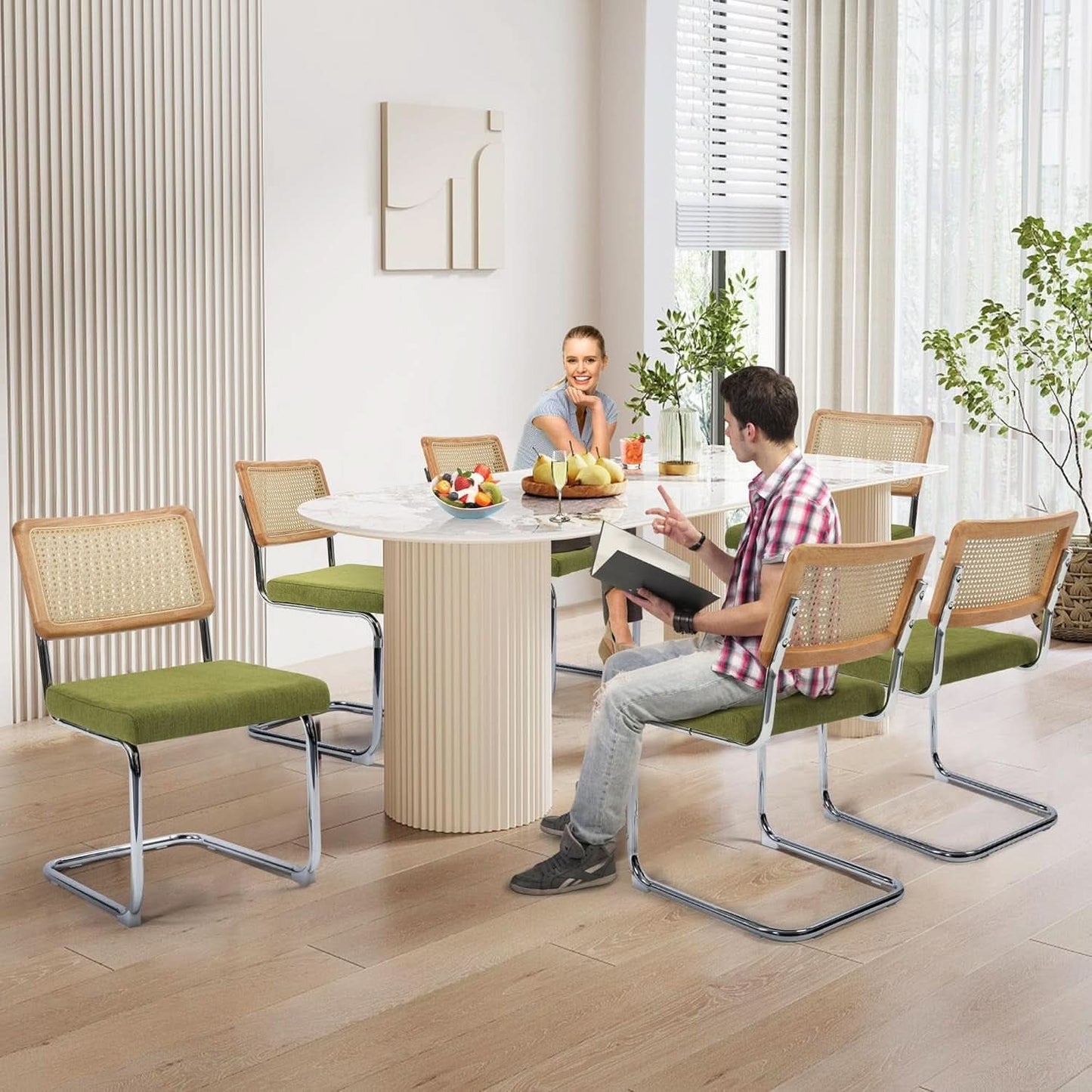 Green Handwoven Cane Dining Chairs Set Of 2 Chrome Base