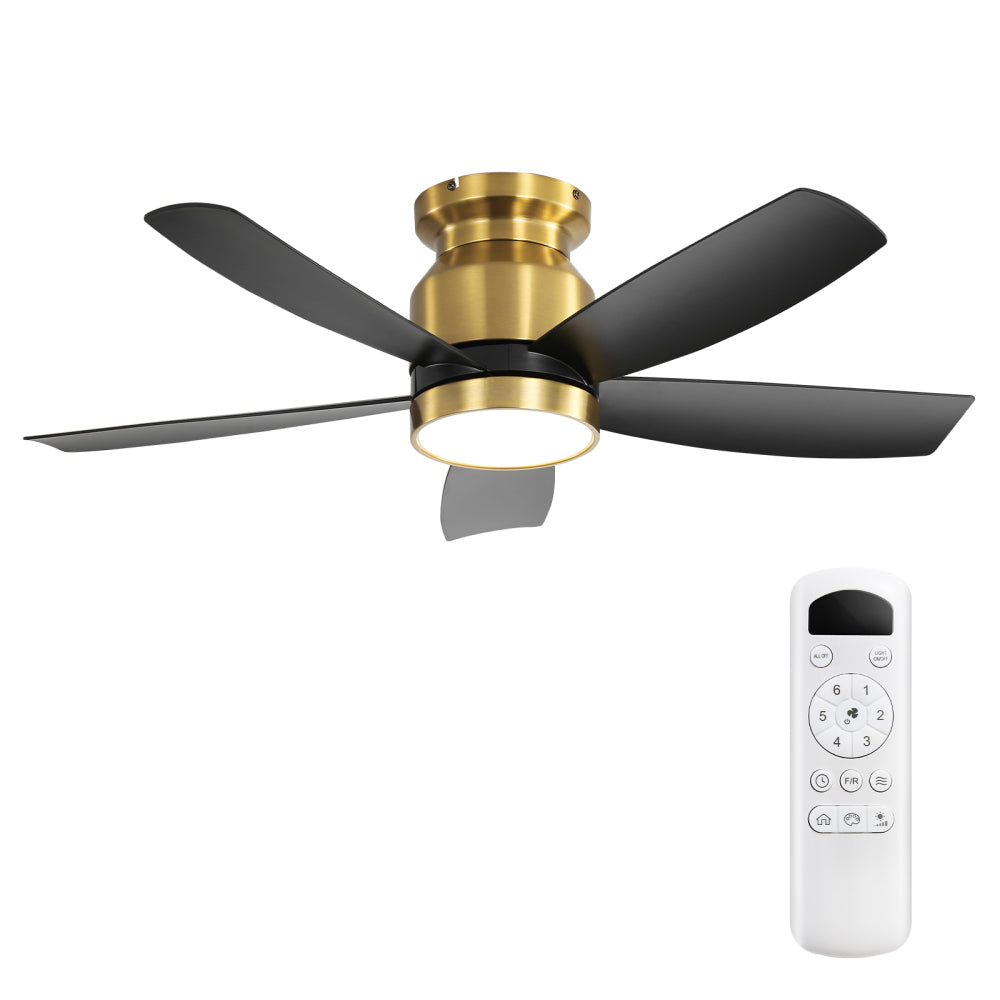 42" Flush Mount Ceiling Fan with LED Light & Remote – Dimmable 3CCT, Reversible DC Motor | Black, Gold & Black+Gold