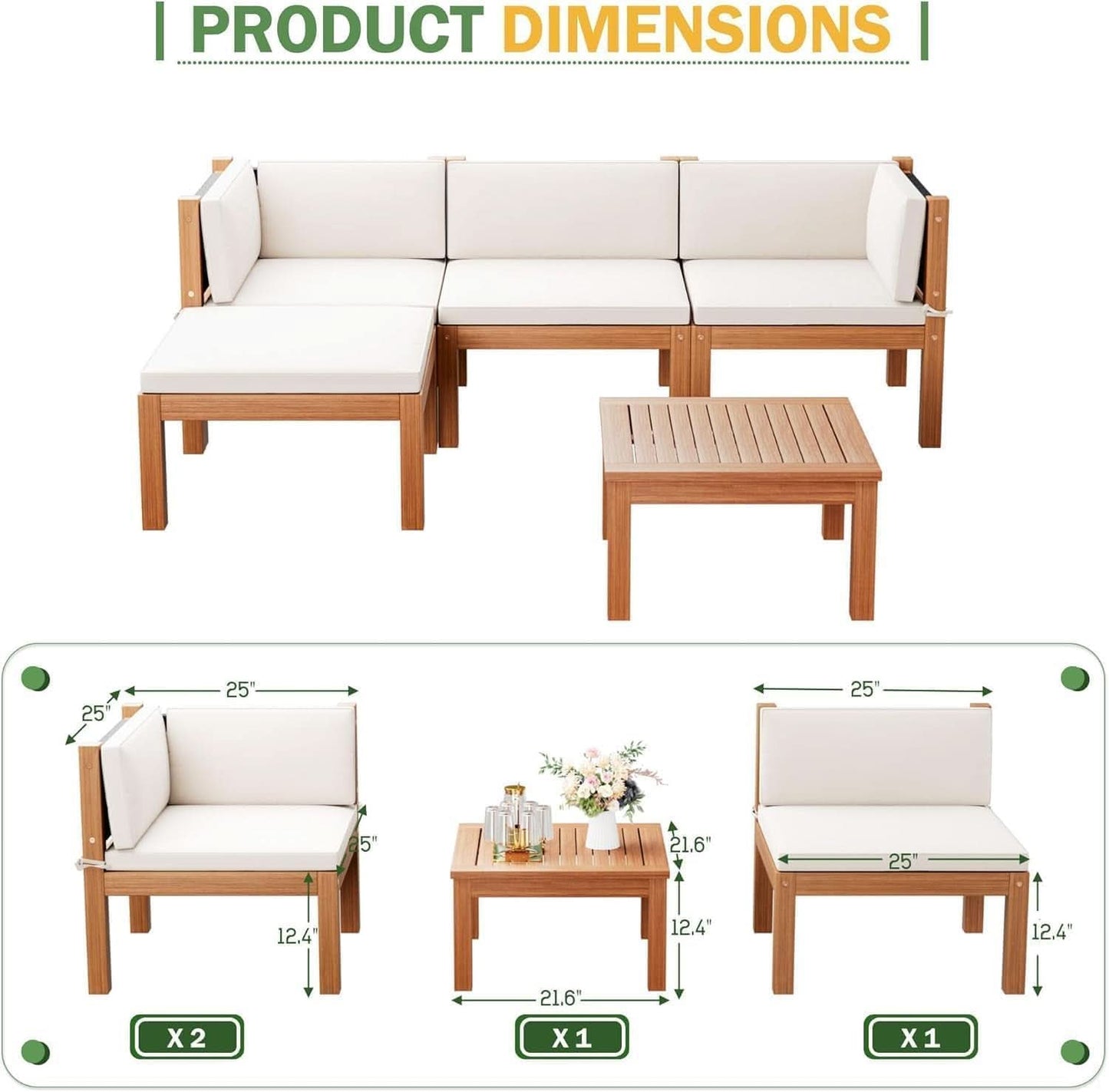 Acacia Wood Outdoor Sectional Sofa Set with Cushions