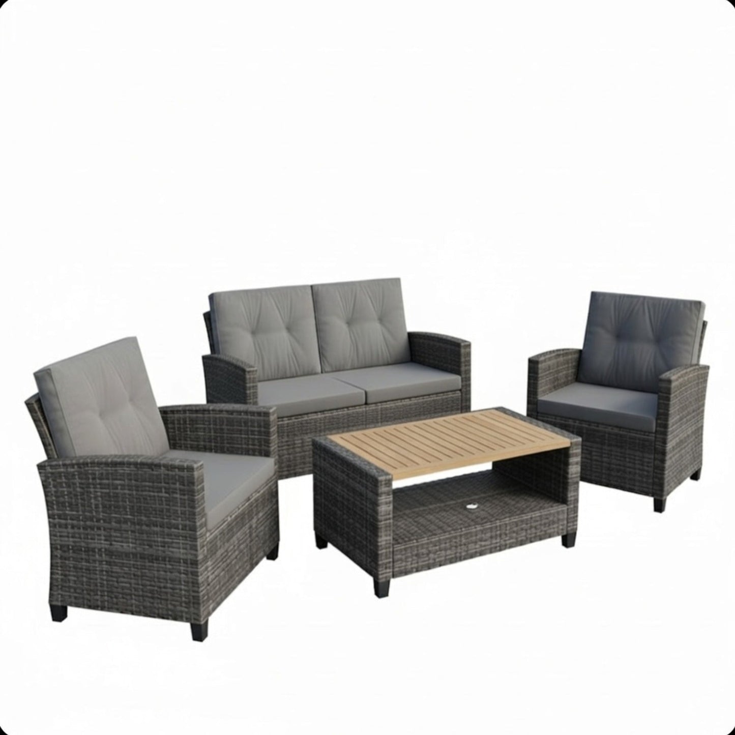 Outdoor Patio Set PE Rattan Gray 4 Piece Loveseat Chairs Acacia Table
