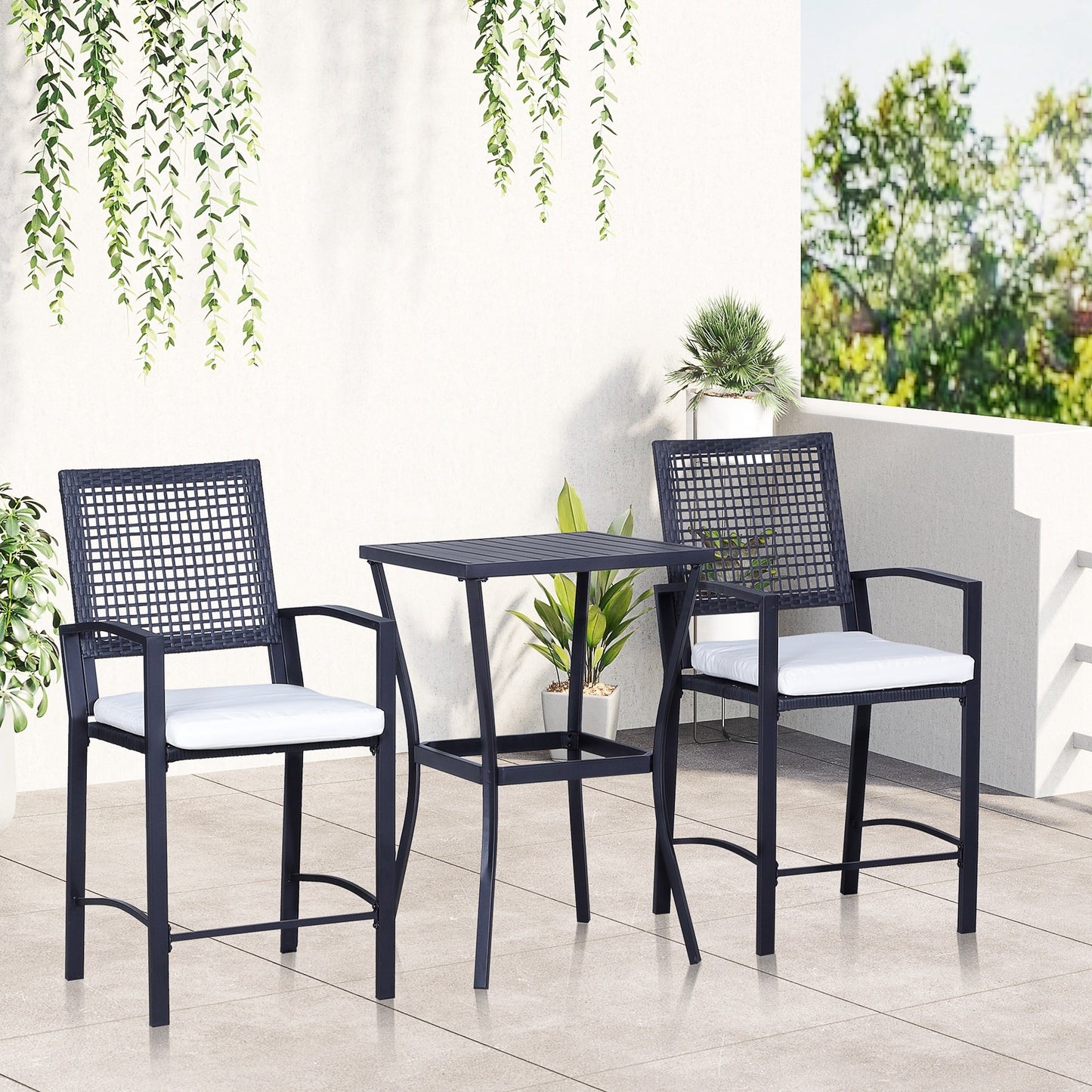 Outdoor Bar Set PE Rattan Black 3 Piece High Table 2 Bar Chairs Footrest