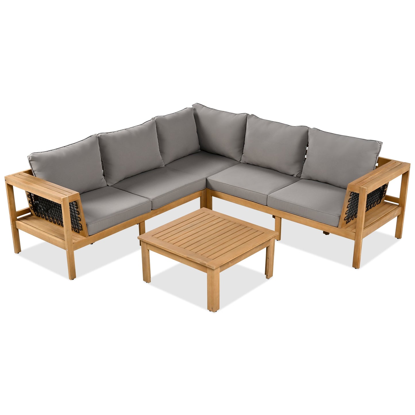 Outdoor Sofa Set Acacia Wood Rope Gray Cushion 4 Piece L-Shape Seats 6