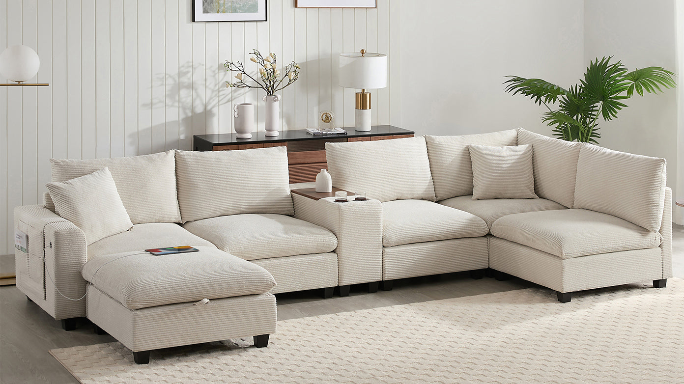 Sectional Sofa U-Shape Corduroy Beige 6 Seat Storage Ottoman USB 140 In