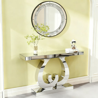 Modern Mirror Side Table, Glass, Double C-Shaped Base, Hall Table, Silver
