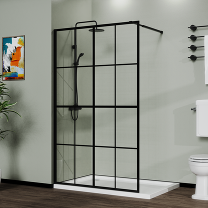 46' X 72' Shower Screen for Walk-in Wet-room Black Full-frame 4 Tempered Glass Panels