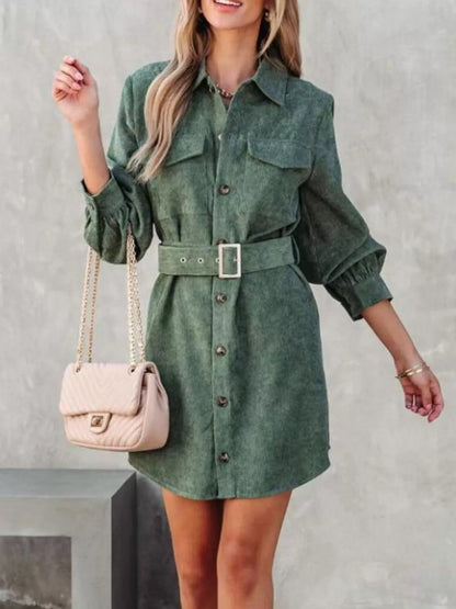 Button Front Belt Long Sleeve Corduroy Dress