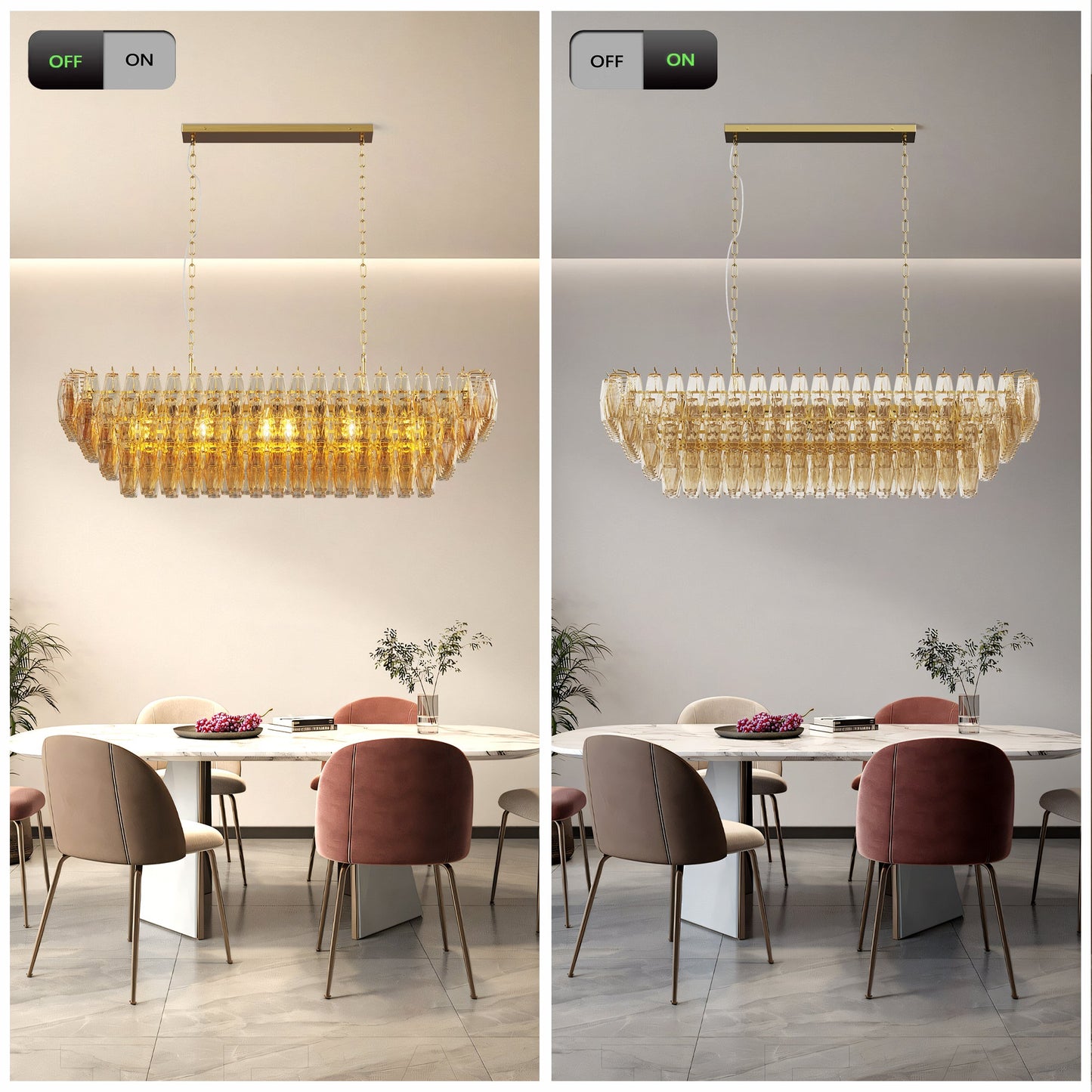 Chandelier Rectangle Gold 12-Light Smoke Glass Modern Living Room 54 In