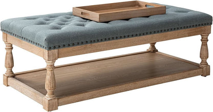 Blue Rectangular Upholstered Ottoman Coffee Table Tray