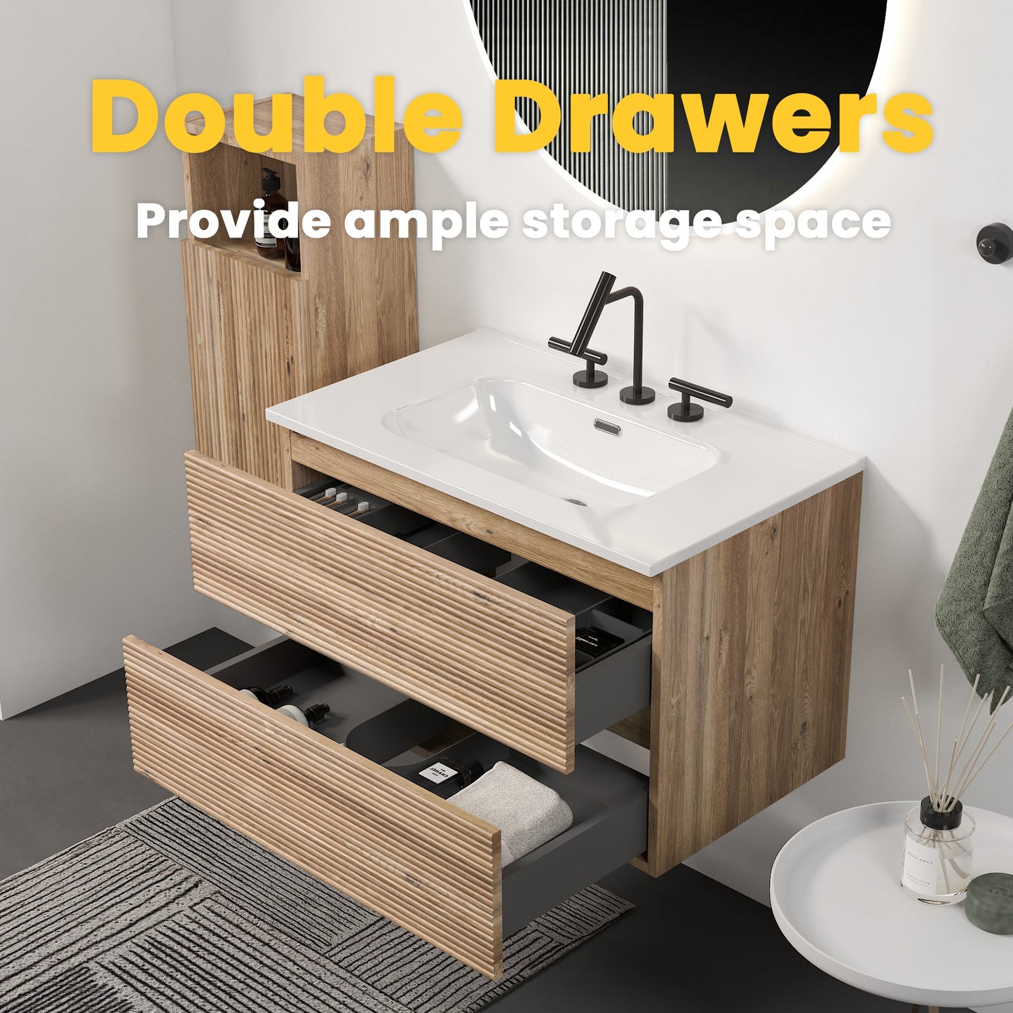 30' Wall Mounted Rough Oak&Rough Oak Bathroom Vanity with Integrated Ceramic ...