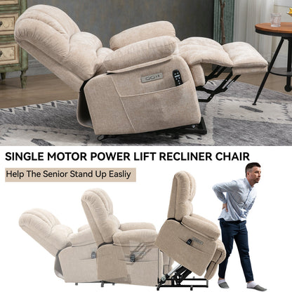 Lift Recliner Chair Power Oversized Chenille Beige 23 In Seat USB 350 LB