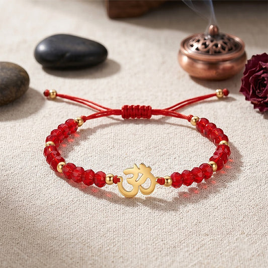 Yoga Ohm Symbol Cut Glass Bead Adjustable Braided Bracelet, Multiple Color Bead Options, Metal Spacers With Pull Cord Structure, Sport Casual Wrist Jewelry For Women Yoga Enthusiasts Daily Wear