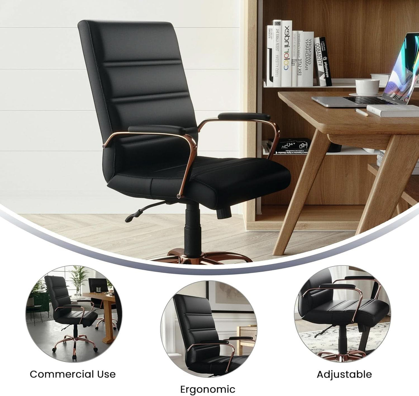 Whitney Mid Back LeatherSoft Desk Chair With Adjustable Height Black Rose Gold