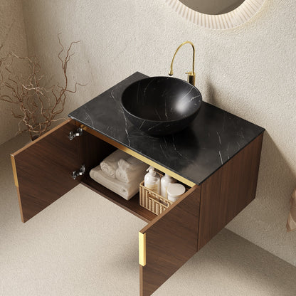 30' Bathroom Vanity with Sink, Floating Plywood 2 Doors Black Stone Black Bowl Basin