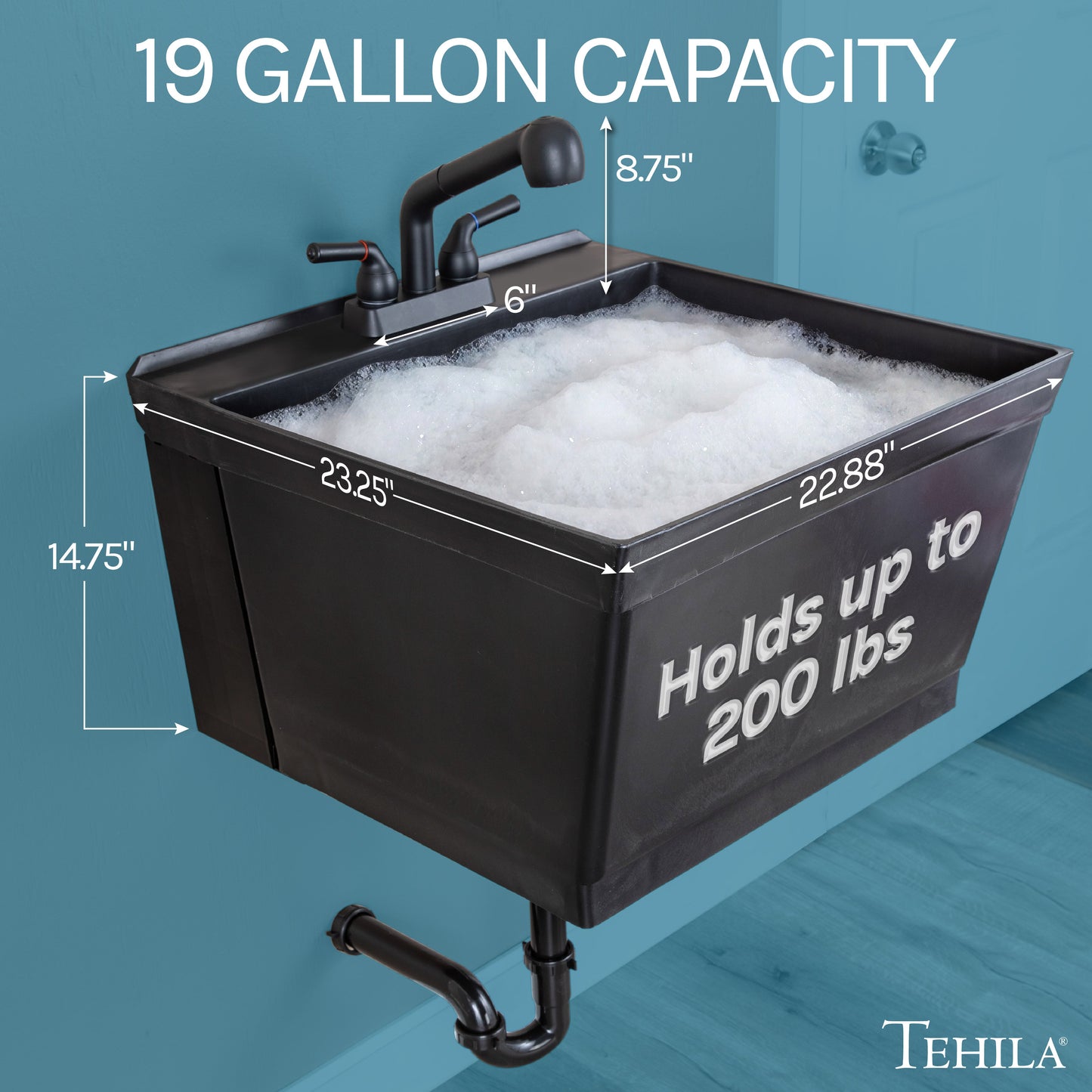 Tehila Standard Wall-Mounted Black Utility Sink with Black Finish Pull-Out Faucet