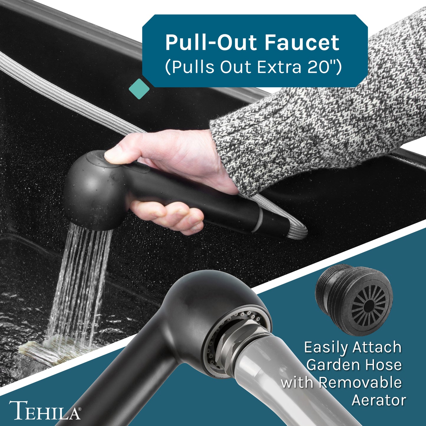 Tehila Standard Wall-Mounted Black Utility Sink with Black Finish Pull-Out Faucet