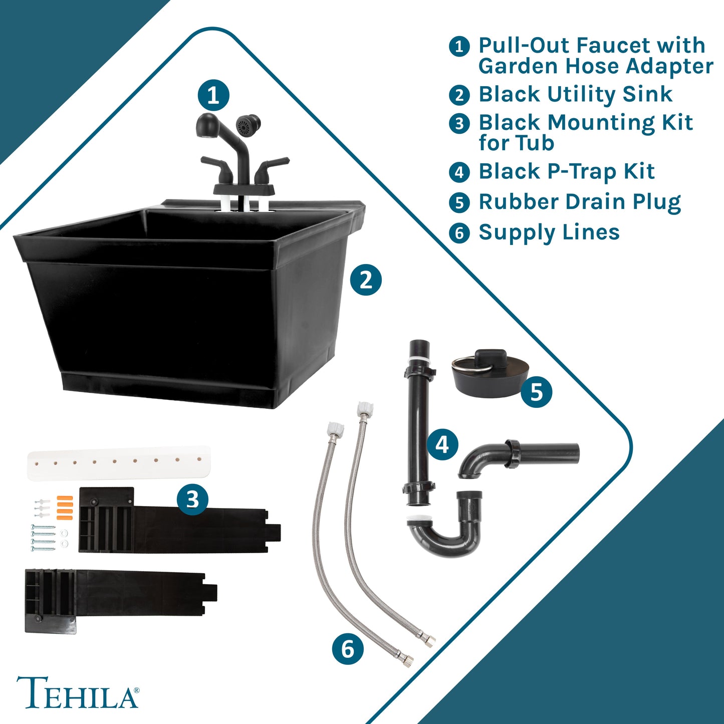 Tehila Standard Wall-Mounted Black Utility Sink with Black Finish Pull-Out Faucet