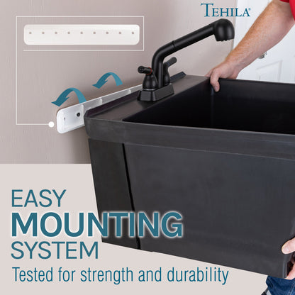 Tehila Standard Wall-Mounted Black Utility Sink with Black Finish Pull-Out Faucet