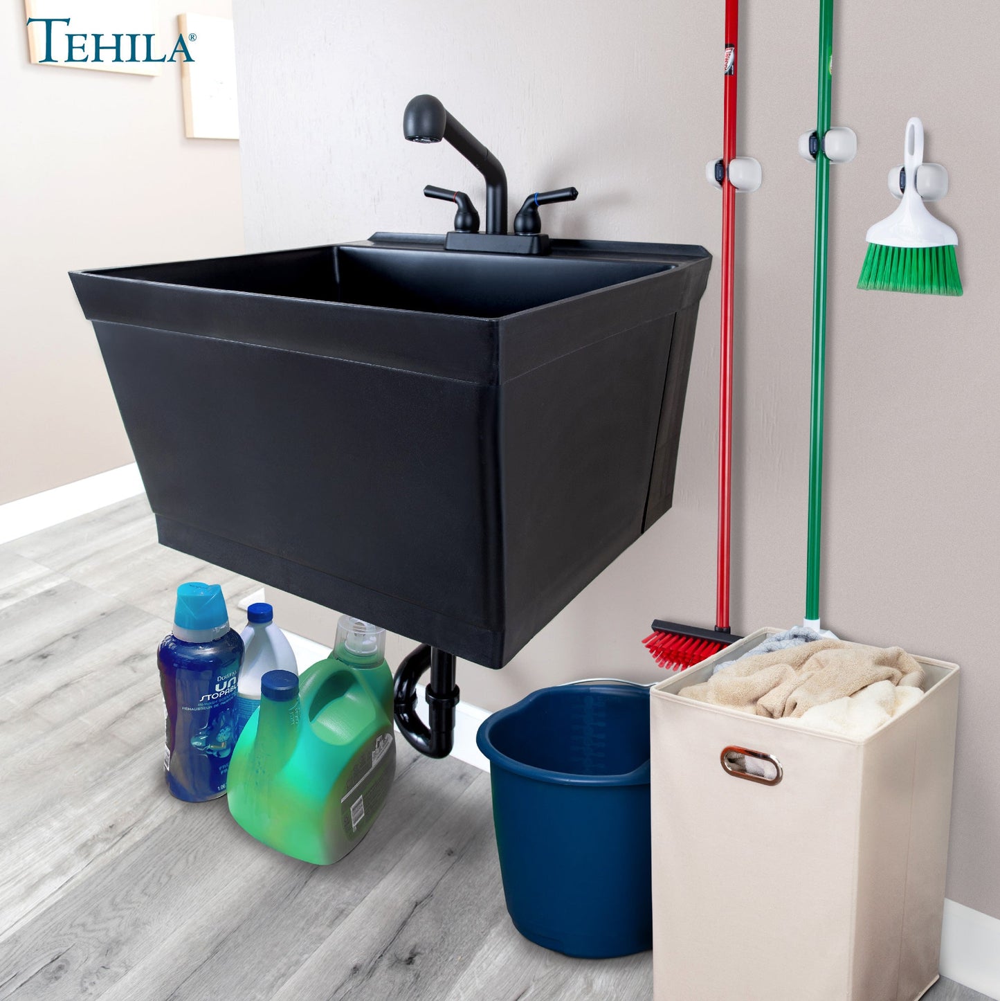 Tehila Standard Wall-Mounted Black Utility Sink with Black Finish Pull-Out Faucet