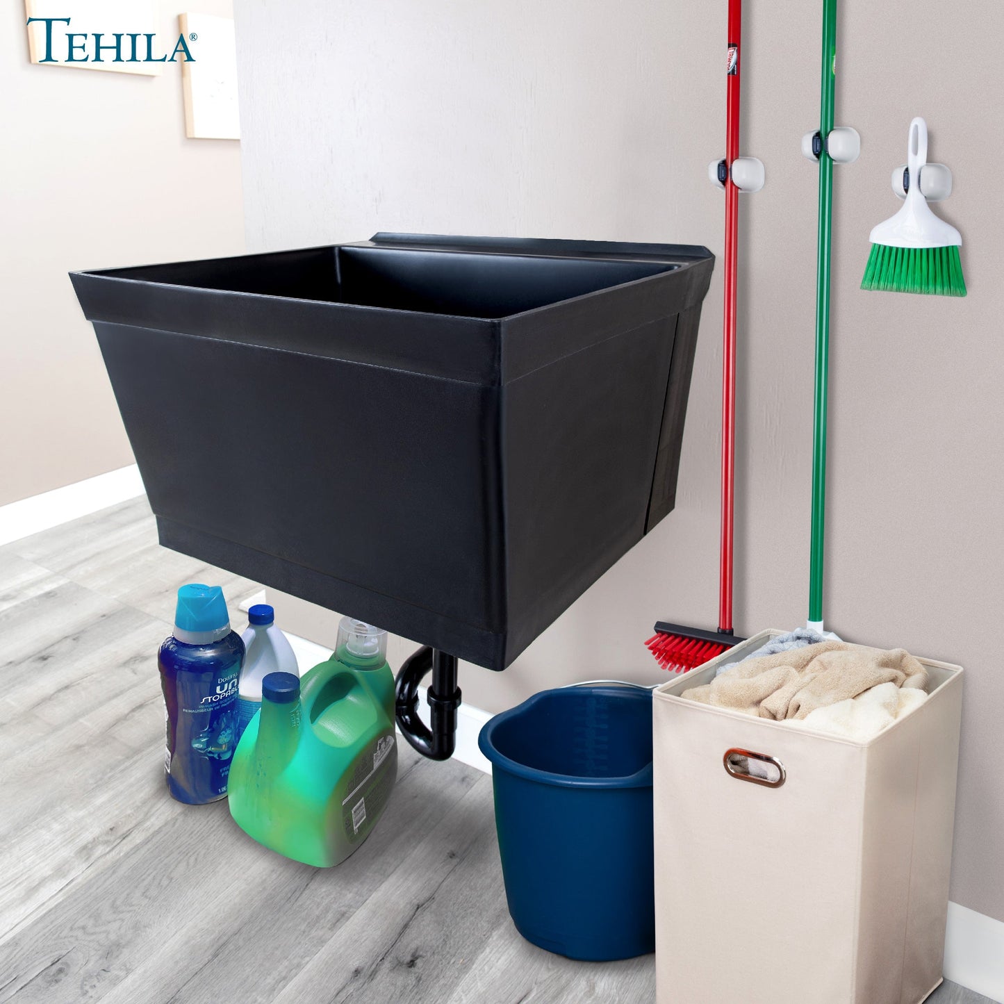 Tehila Standard Wall-Mounted Black Utility Sink, No Supply Lines