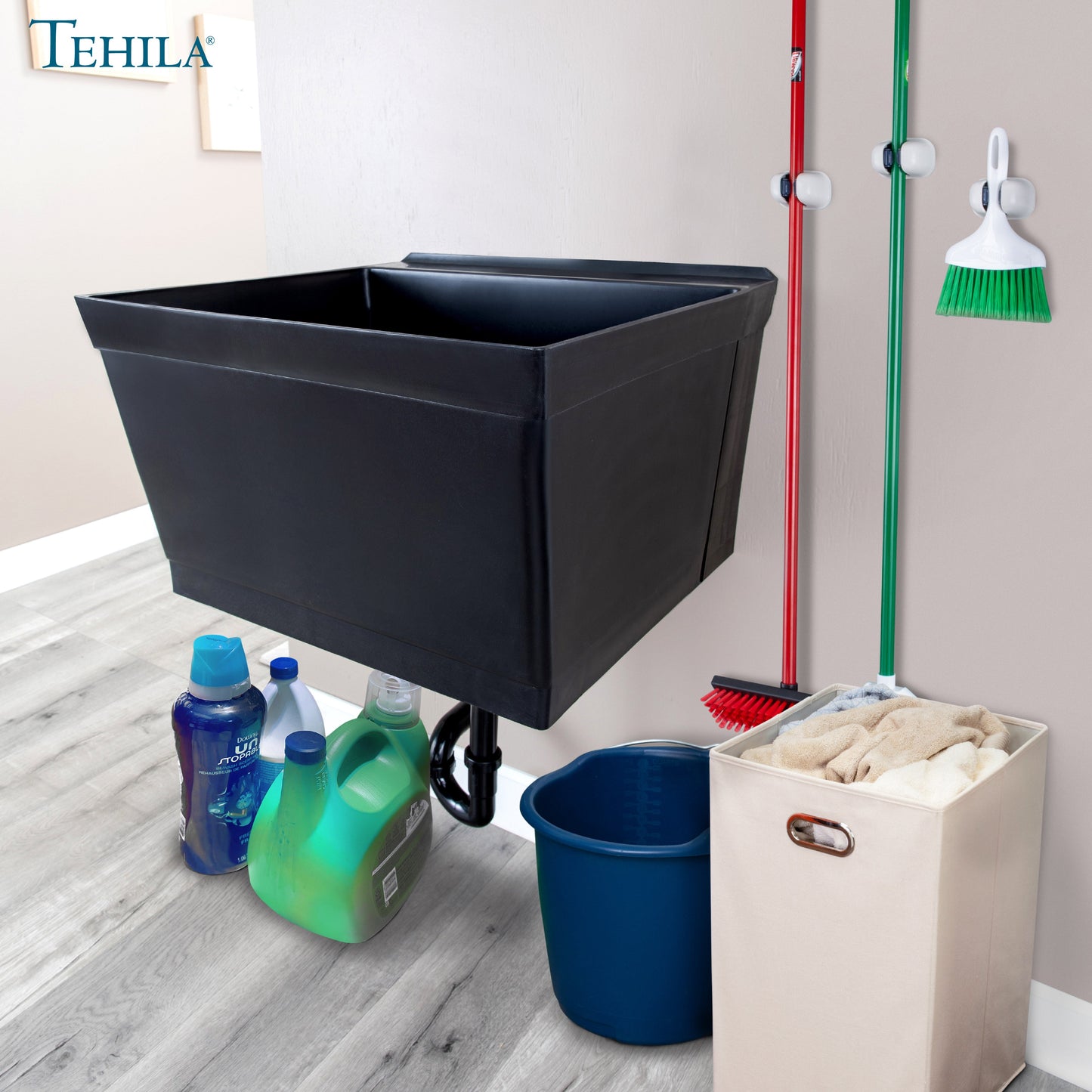 Tehila Standard Wall-Mounted Black Utility Sink, No Supply Lines