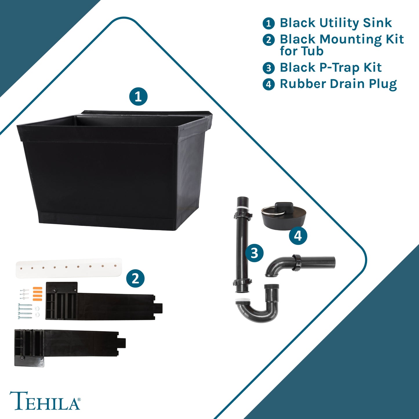 Tehila Standard Wall-Mounted Black Utility Sink, No Supply Lines