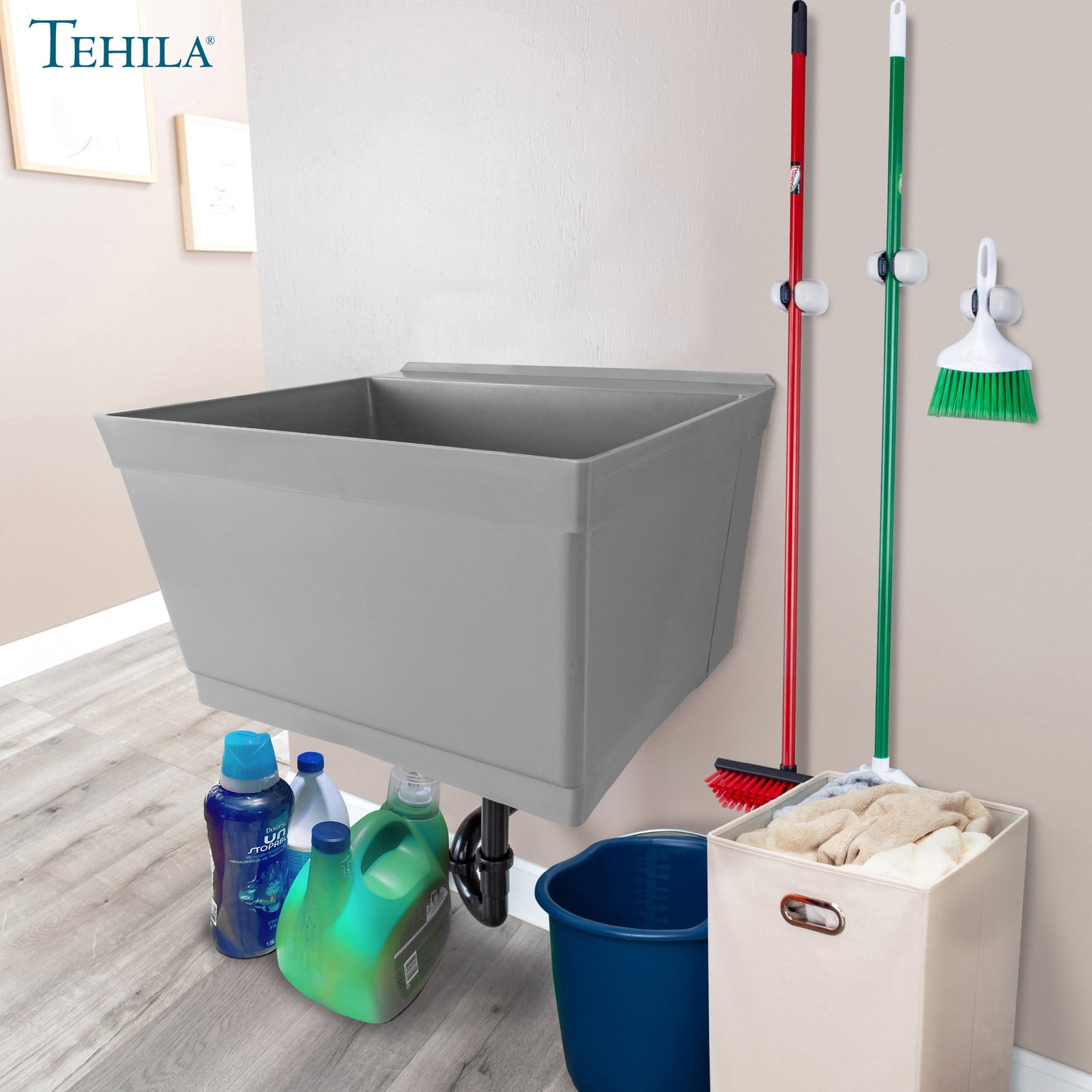 Tehila Standard Wall-Mounted Grey Utility Sink, No Supply Lines