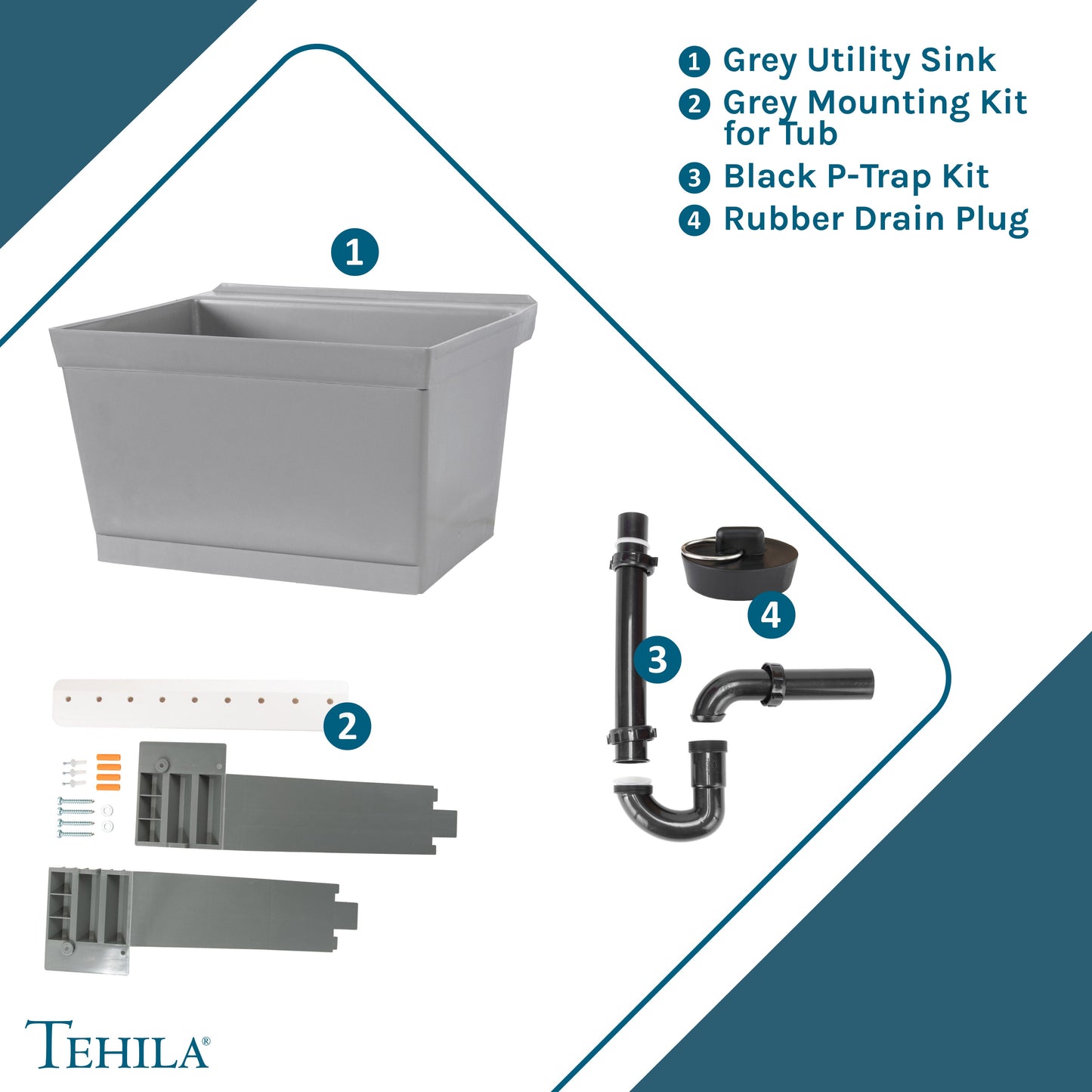 Tehila Standard Wall-Mounted Grey Utility Sink, No Supply Lines