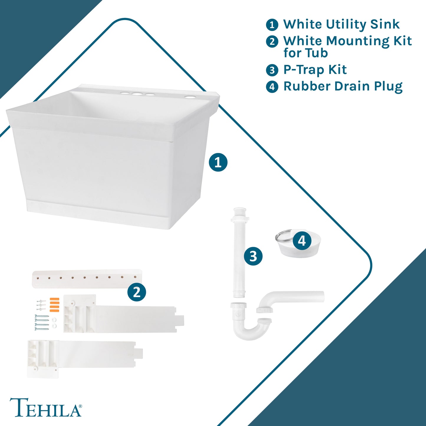 Tehila Standard Wall-Mounted White Utility Sink, No Supply Lines