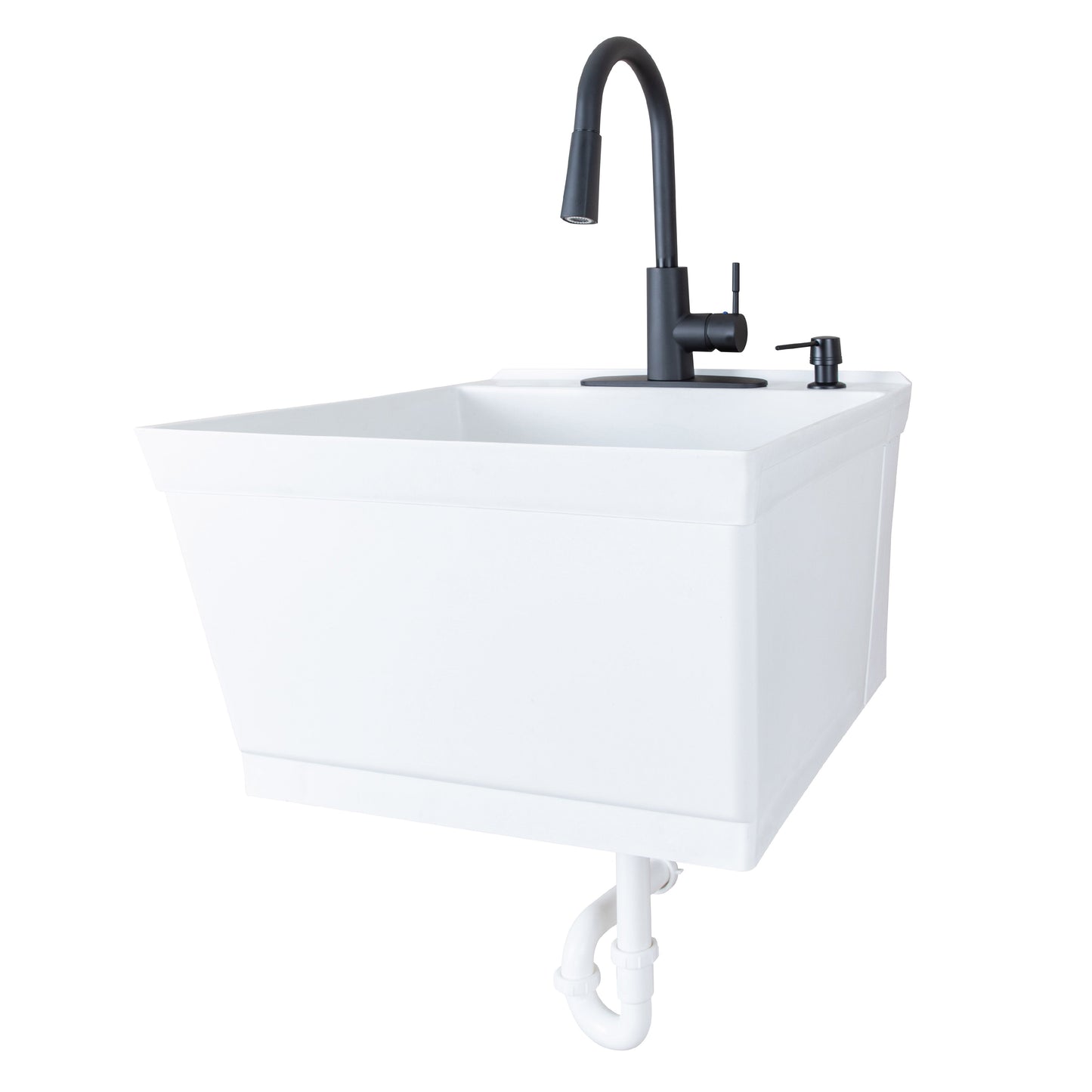 Tehila Standard Wall-Mounted White Utility Sink with Black Finish Pull-Down Faucet