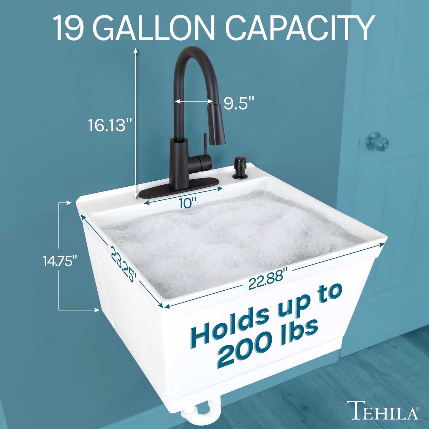 Tehila Standard Wall-Mounted White Utility Sink with Black Finish Pull-Down Faucet