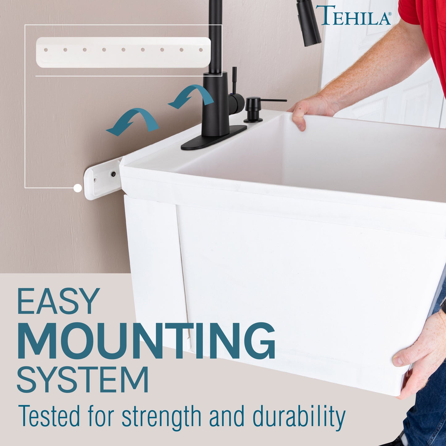 Tehila Standard Wall-Mounted White Utility Sink with Black Finish Pull-Down Faucet