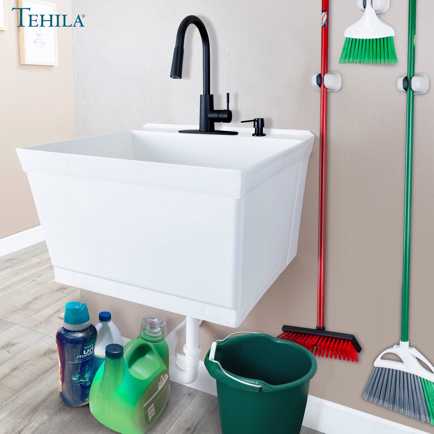 Tehila Standard Wall-Mounted White Utility Sink with Black Finish Pull-Down Faucet