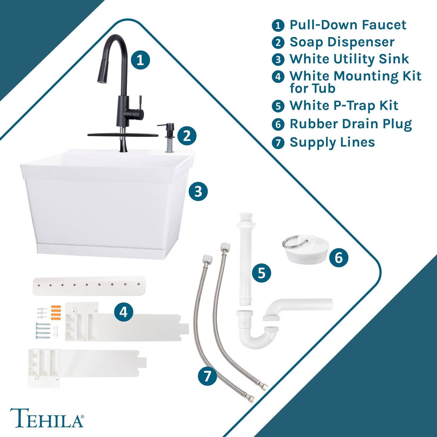 Tehila Standard Wall-Mounted White Utility Sink with Black Finish Pull-Down Faucet