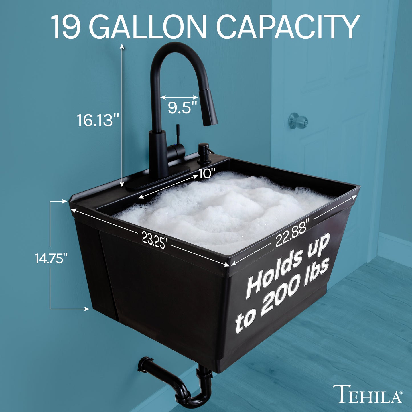 Tehila Standard Wall-Mounted Black Utility Sink with Black Finish Pull-Down Faucet