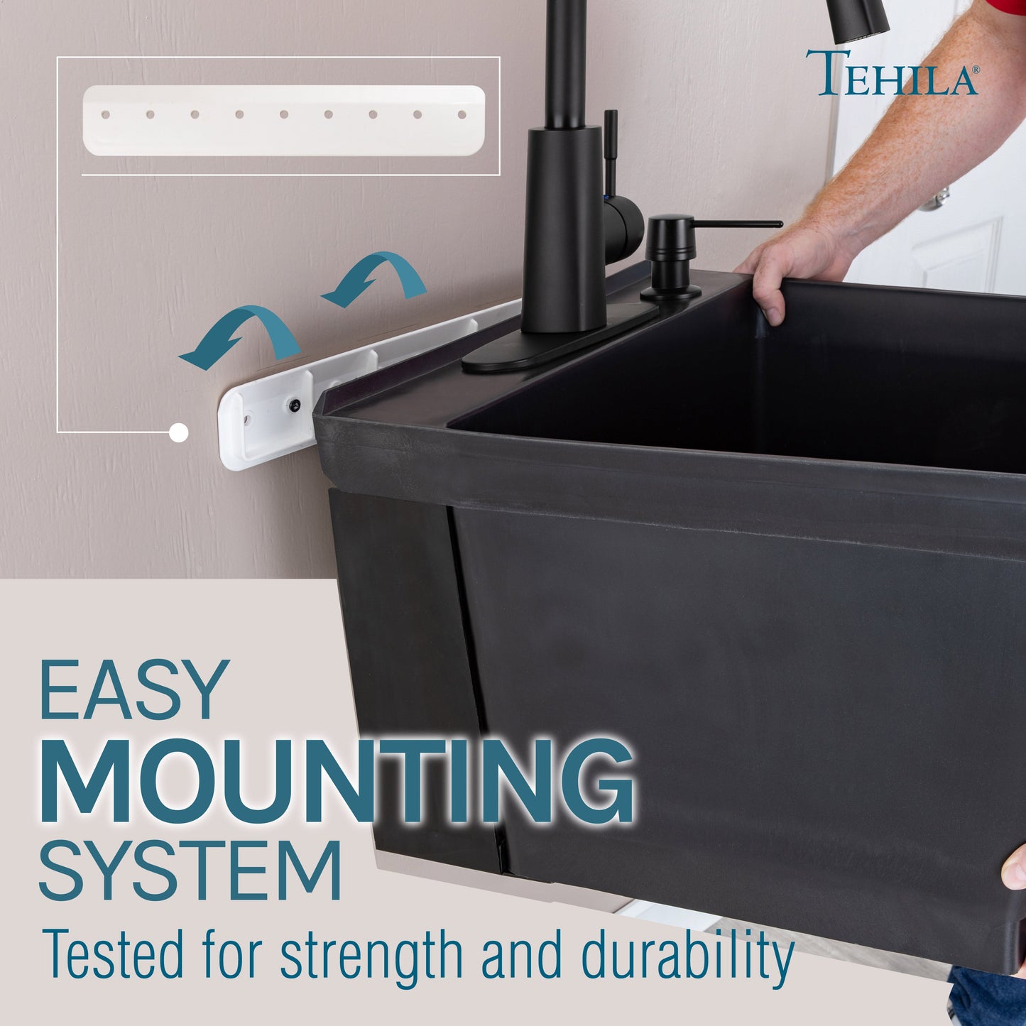 Tehila Standard Wall-Mounted Black Utility Sink with Black Finish Pull-Down Faucet