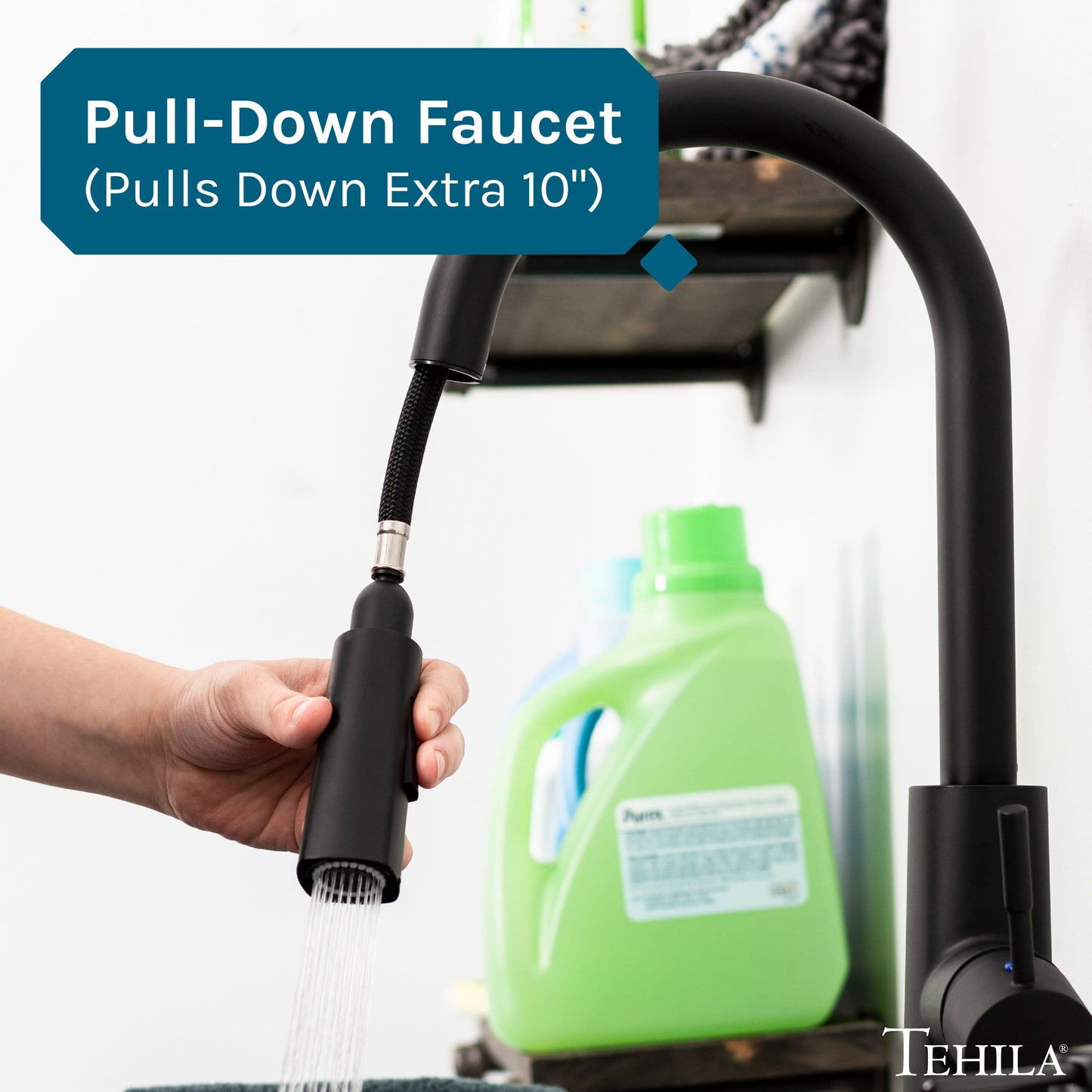 Tehila Standard Wall-Mounted Black Utility Sink with Black Finish Pull-Down Faucet
