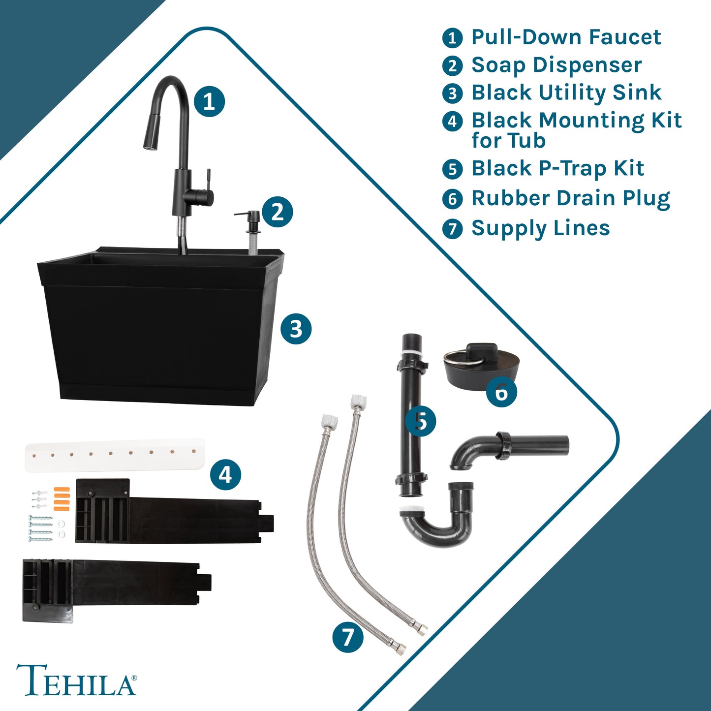 Tehila Standard Wall-Mounted Black Utility Sink with Black Finish Pull-Down Faucet