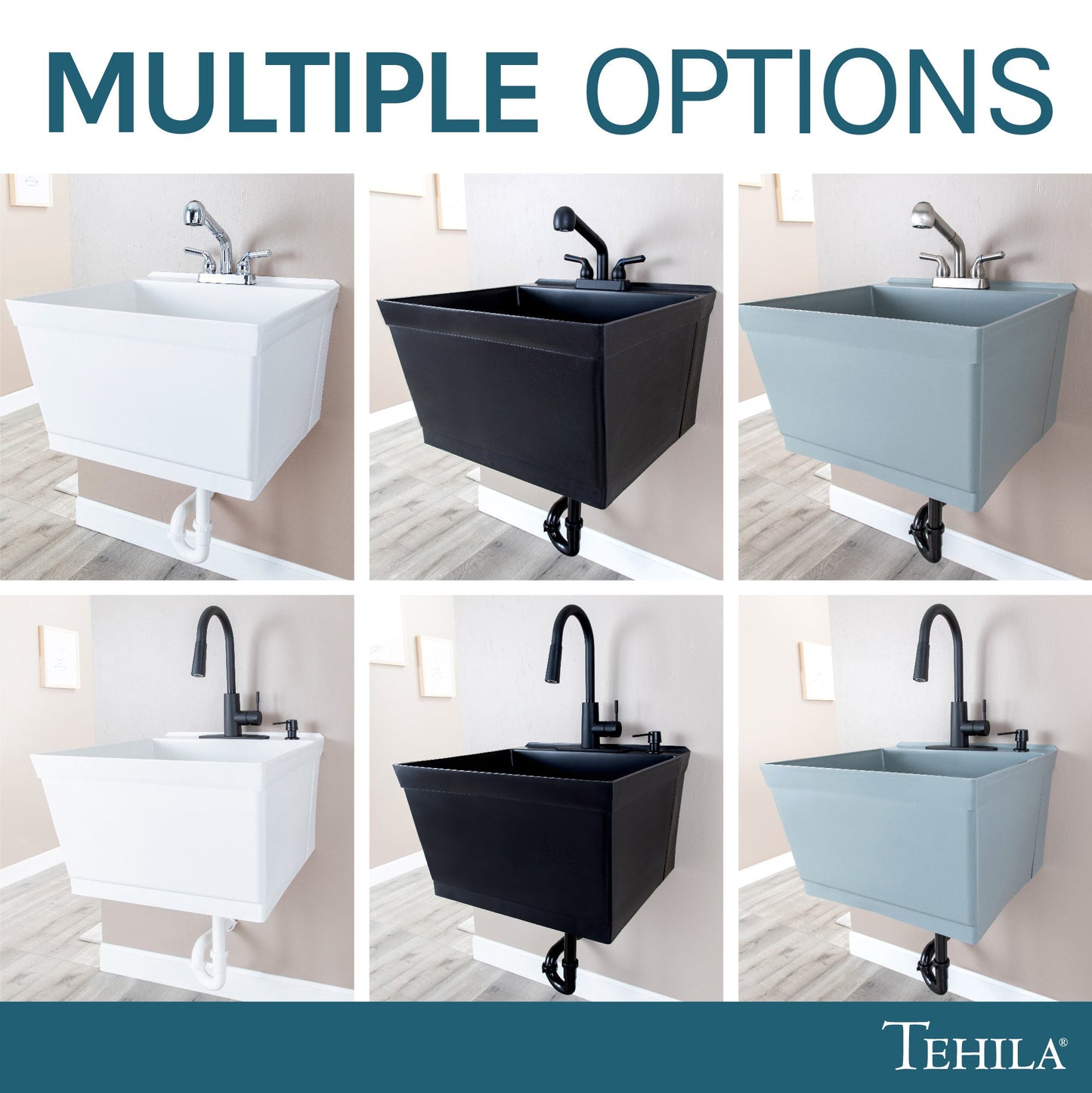 Tehila Standard Wall-Mounted Black Utility Sink with Black Finish Pull-Down Faucet