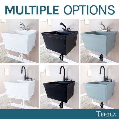 Tehila Standard Wall-Mounted Black Utility Sink with Black Finish Pull-Down Faucet