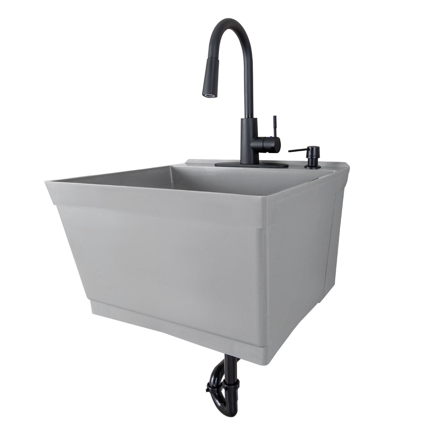 Tehila Standard Wall-Mounted Grey Utility Sink with Black Finish Pull-Down Faucet
