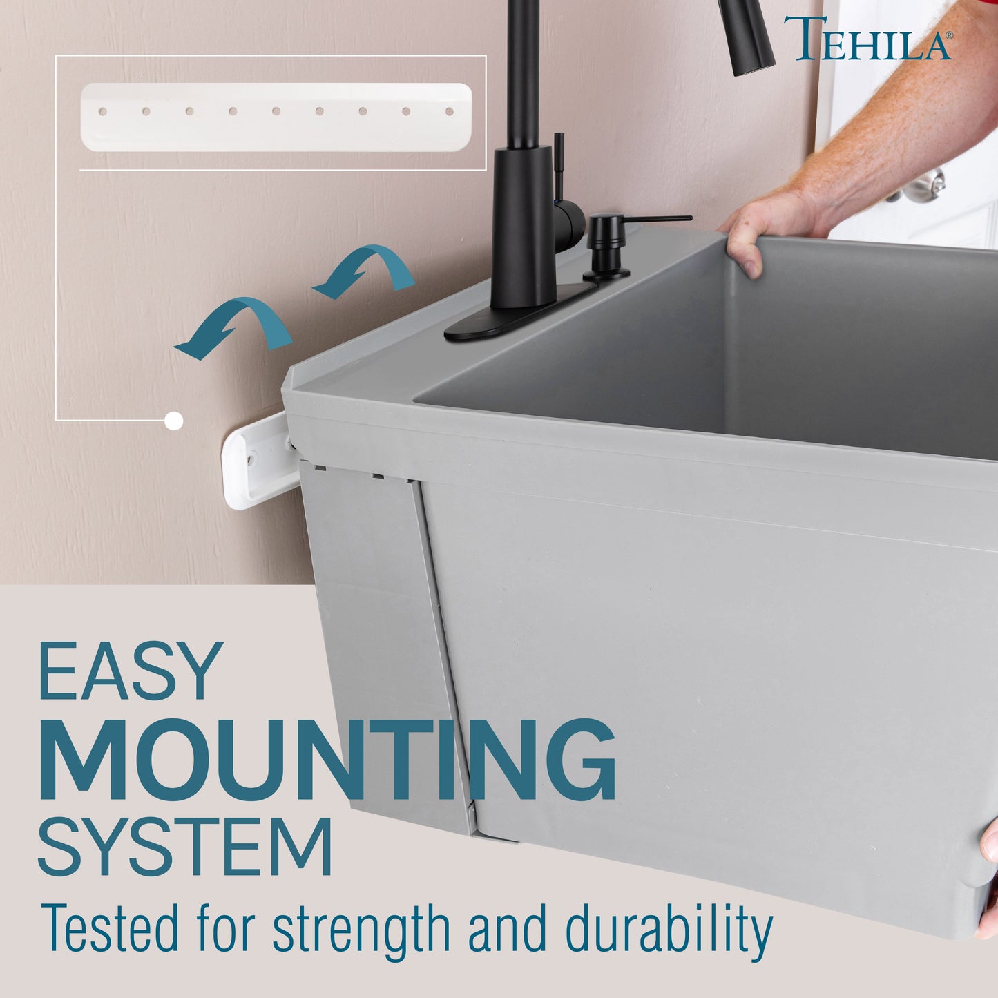 Tehila Standard Wall-Mounted Grey Utility Sink with Black Finish Pull-Down Faucet